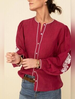 Sonmer 100% Linen Leonor Blouse Cherry, Size Medium Balloon Sleeves Embroidered